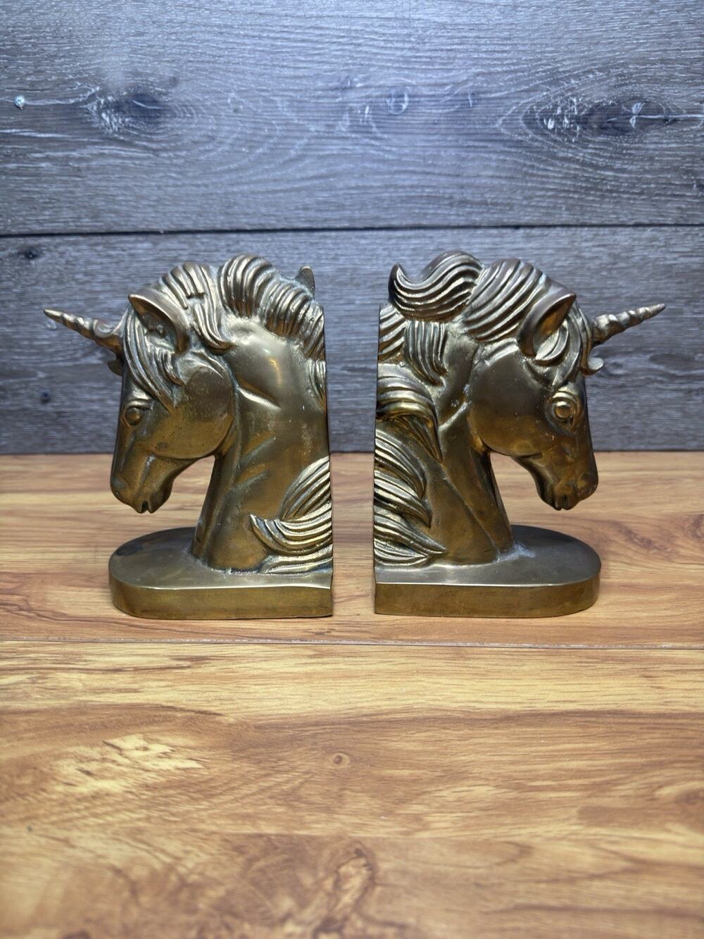 Vintage Heavy Brass Unicorn Bookends Pair Mid Century Modern Library Decor 6.75”